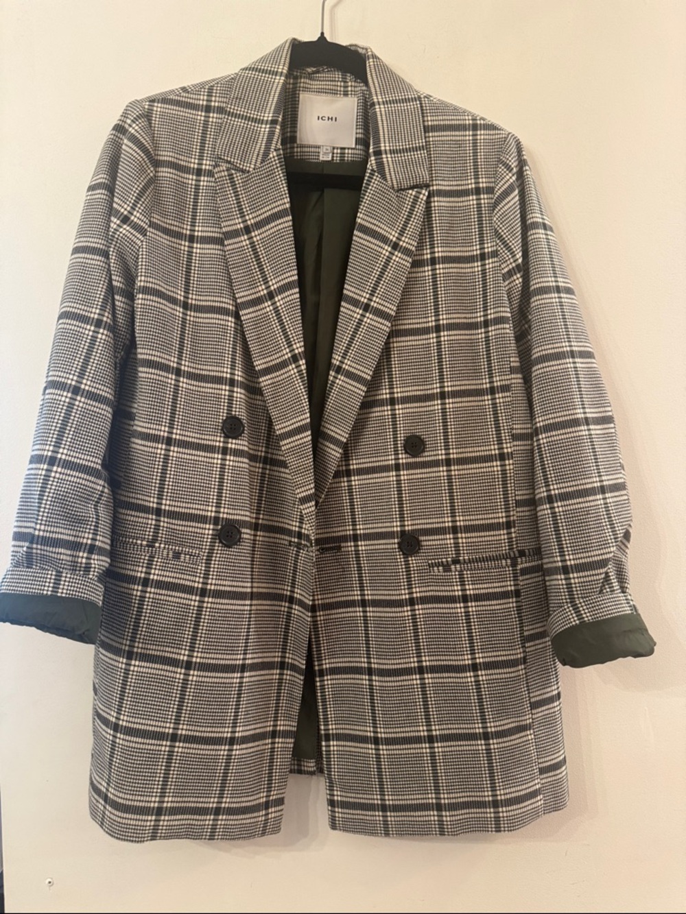 ICHI size 34 (Small) Green, Black & White Plaid Double-Breasted oversized Blazer